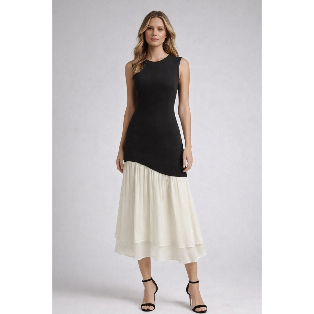 Commense Elegant Black & Ivory Colorblock Midi Dress Sleeveless Chiffon Hem S